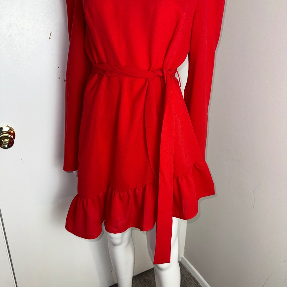 Red Mock Neck Long Sleeve Ruffle Hem Tie Waist Mini Dress Puff Shoulder Size M‎ - Picture 8 of 14
